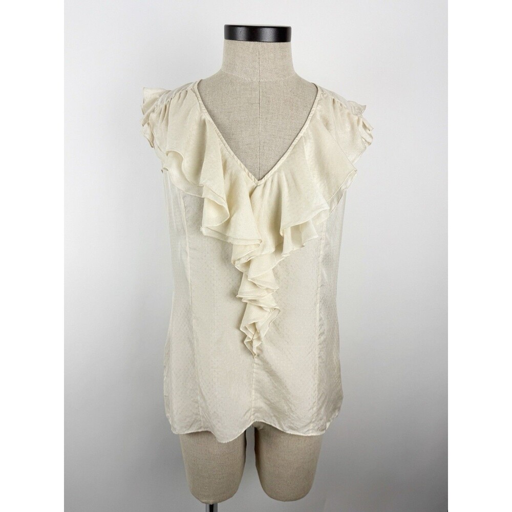 Ted Baker 100% Silk Blouse Ivory Cap Sleeves Ruffle Side Zip Top Size M/L